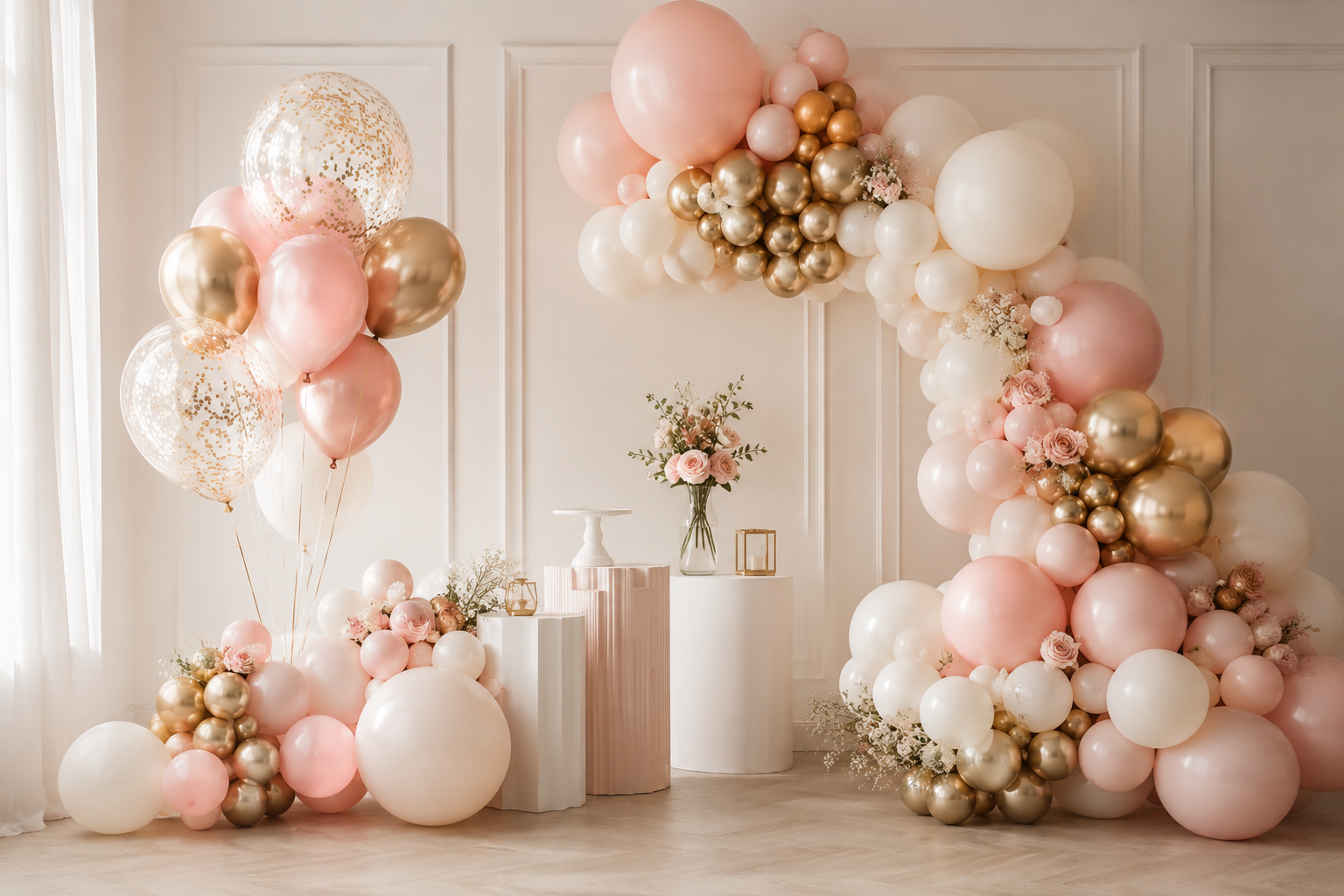 Elegancka dekoracja balonowa Baloomi — pastelowe balony i złote akcenty